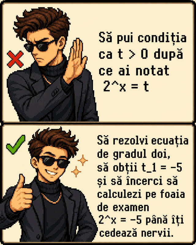 Meme: Condiția t > 0 după ce ai notat 2^x = t la ecuații exponențiale
