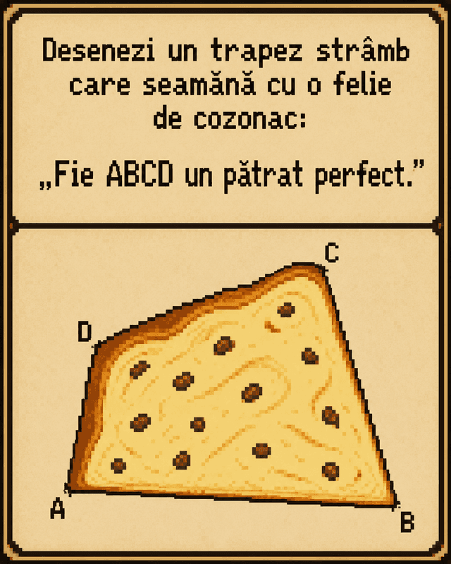 Meme: Desenez un trapez strâmb care seamănă cu o felie de cozonac — fie ABCD un pătrat perfect
