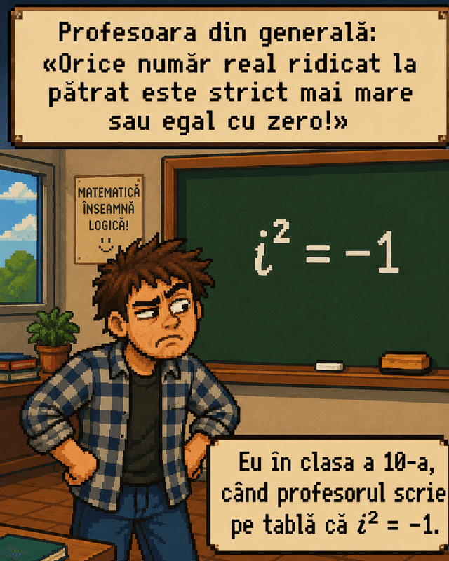 Meme: Numărul real 3 cerându-i unității imaginare i să fie reală, iar i cerându-i lui 3 să fie pozitiv